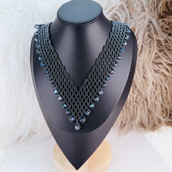 Jewelry - Beautiful beaded, long, blueish gray, reflective statement, necklace